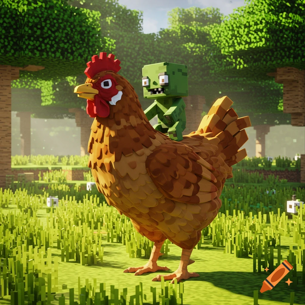 A blocky, realistic chicken with a small, green baby zombie riding on its back in a Minecraft-style grassy forest.