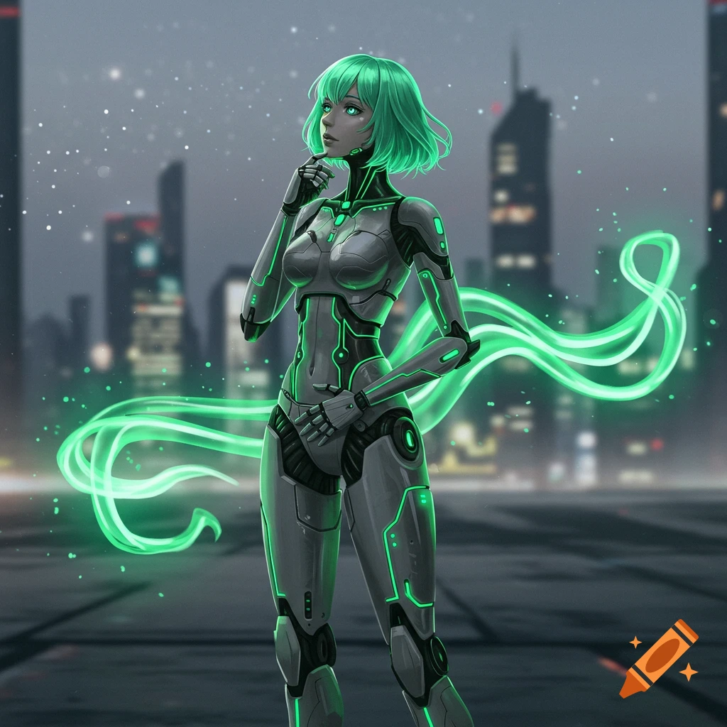 A futuristic android with short green hair and glowing green lines on her body stands in a city at night, with swirling green energy.