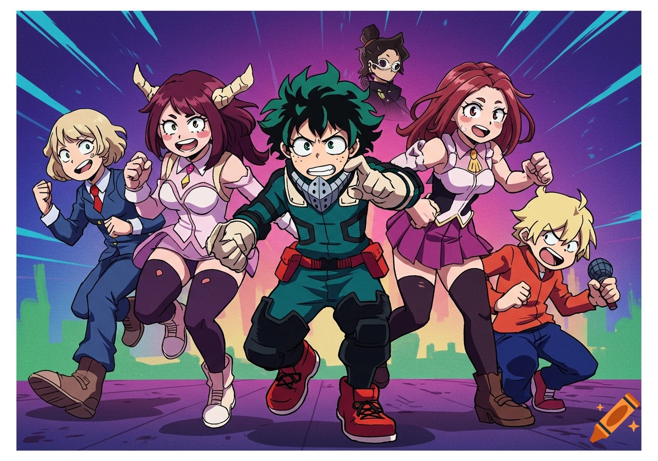 A colorful anime illustration of six diverse characters, including a green-haired boy, energetically running forward. The style is bold and dynamic.