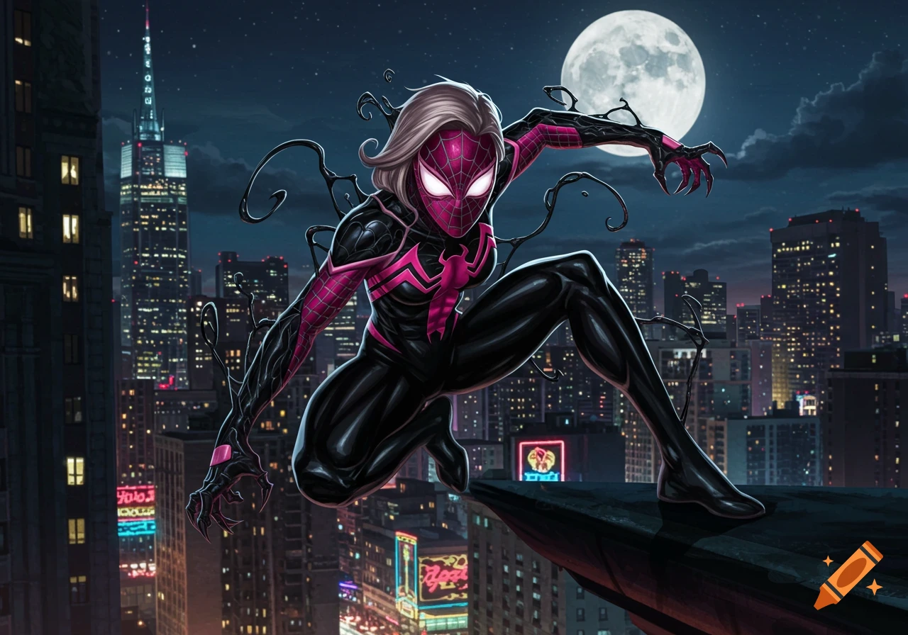 A superhero-like figure in a black and pink Venom-style suit and white hair perches on a skyscraper ledge against a full moon and city skyline.