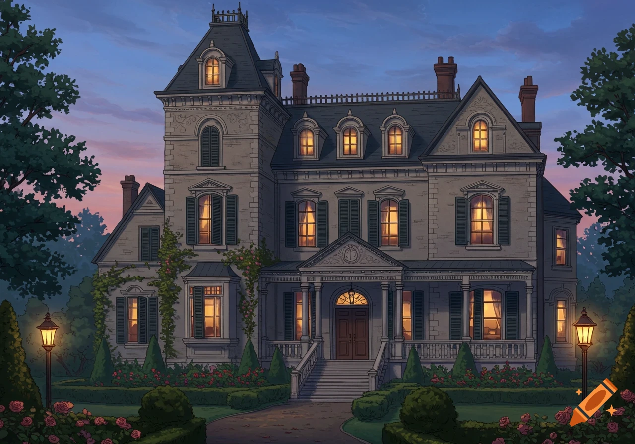 A large, old stone mansion with glowing windows at dusk, surrounded by manicured gardens and trees.