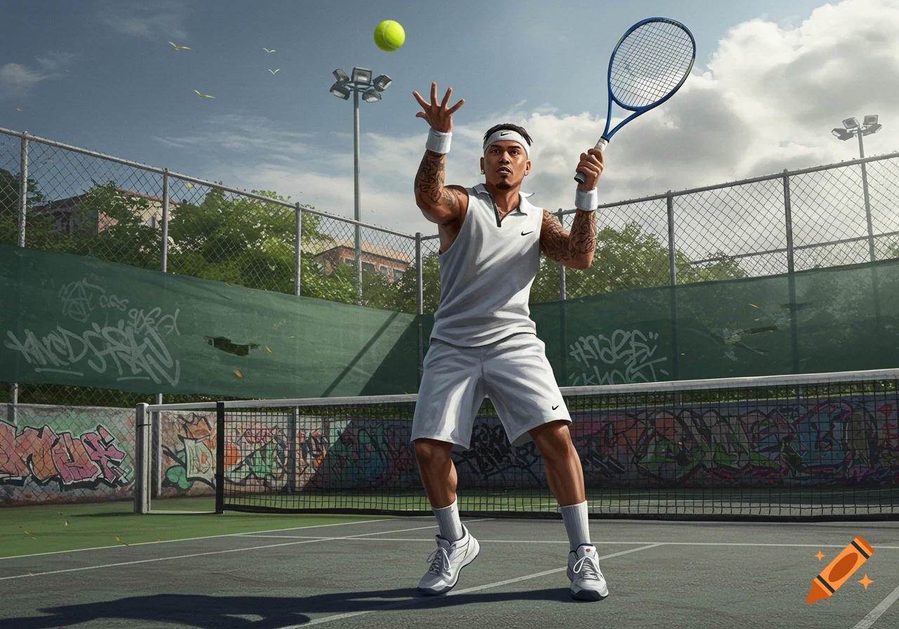 A man with tattoos in a white tennis outfit prepares to serve a tennis ball on a grimy outdoor court with graffiti-covered walls.
