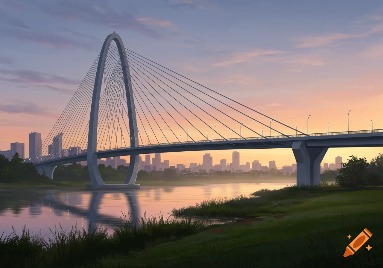An illustration of a large, modern arched bridge spanning a river with a city skyline at sunset, rendered in soft, warm tones.