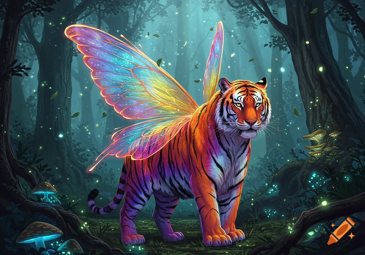 A rainbow-colored tiger with large iridescent fairy wings stands in a mystical, dark forest with glowing mushrooms and fireflies.