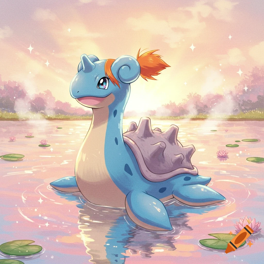 A blue Lapras with orange hair like Misty sits in a calm lake with lily pads at sunset.