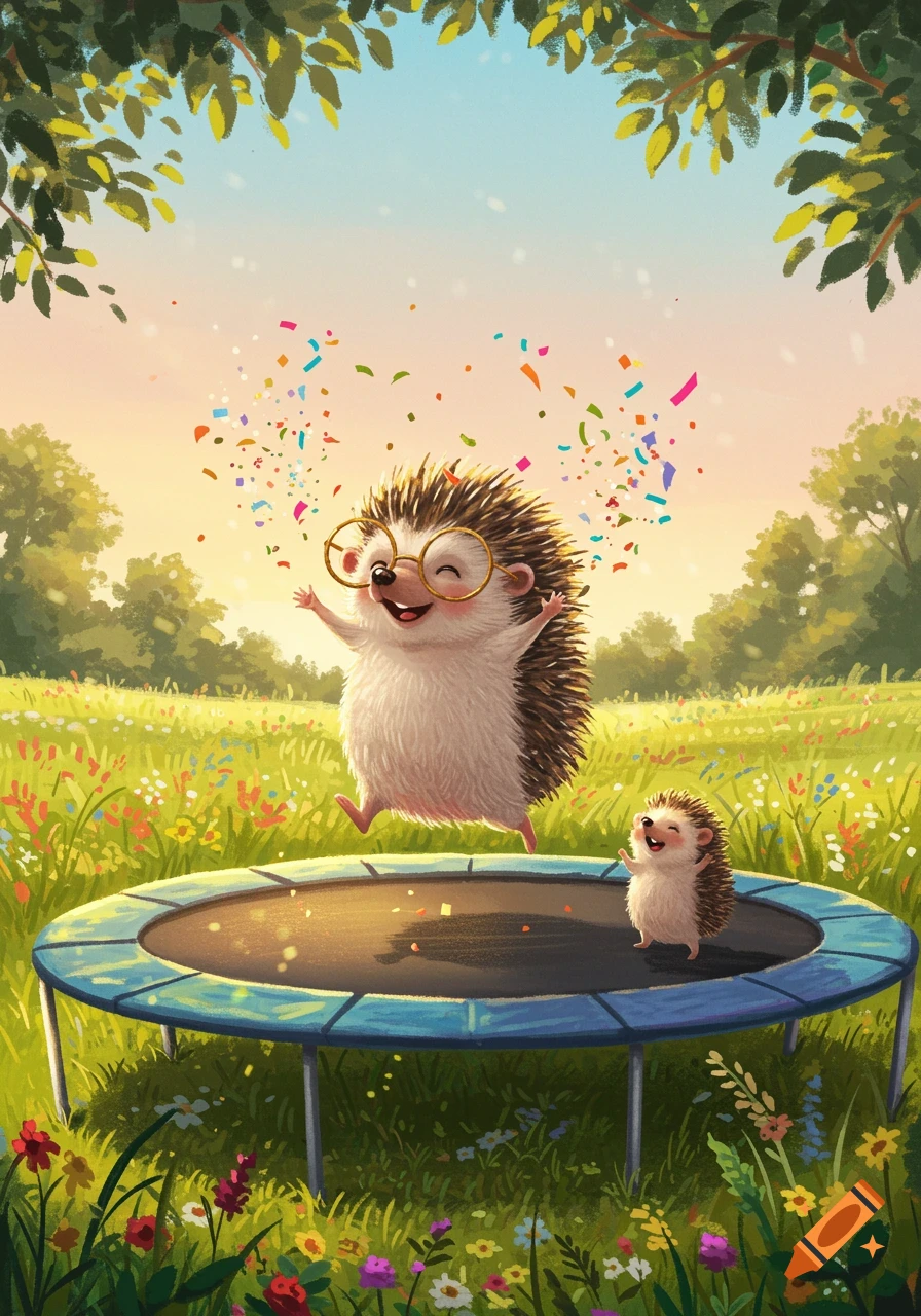 A cute hedgehog with glasses jumps on a trampoline under a sunny sky, with confetti falling and a smaller hedgehog watching. Illustrated style.