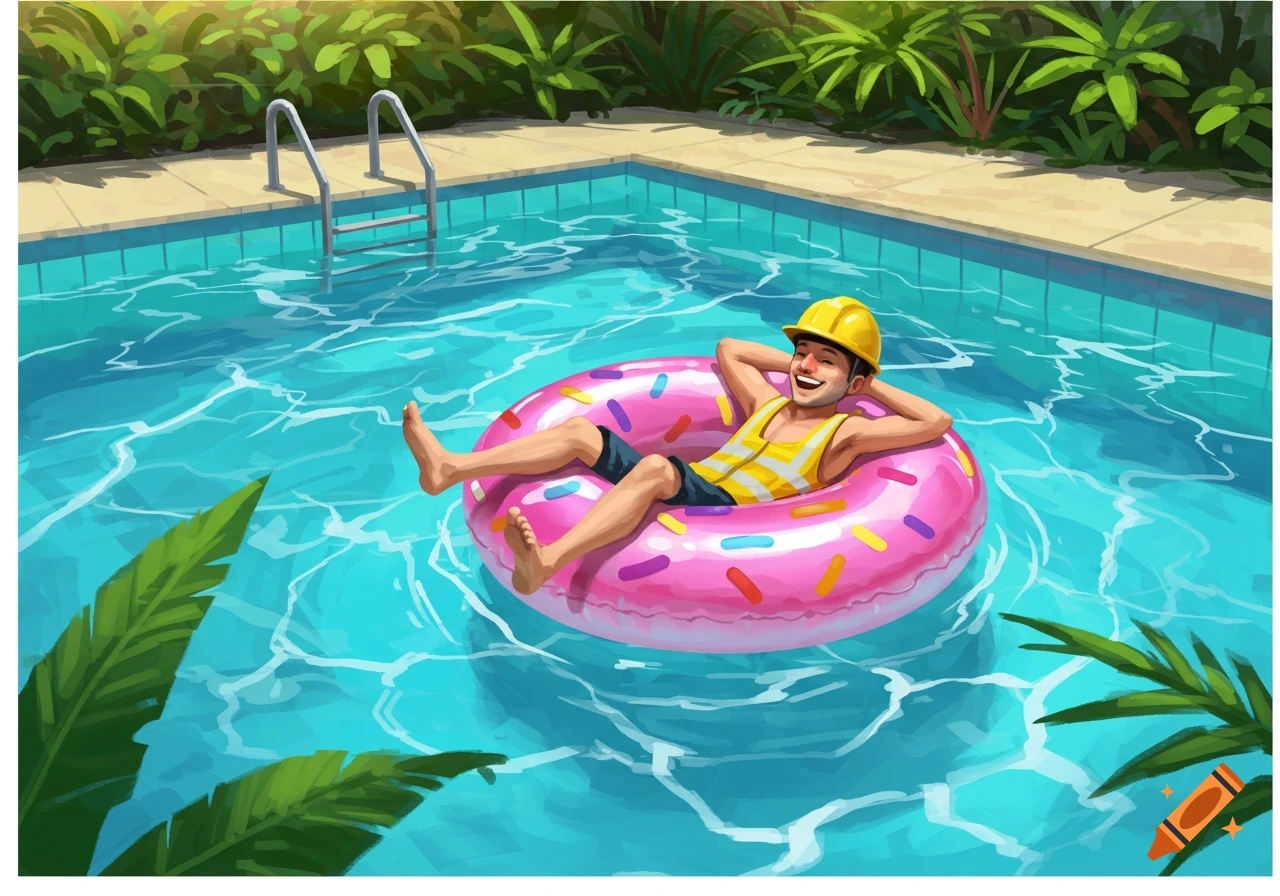 A cartoon man wearing a construction hat smiles while floating on a pink donut inflatable in a blue swimming pool on a sunny day.