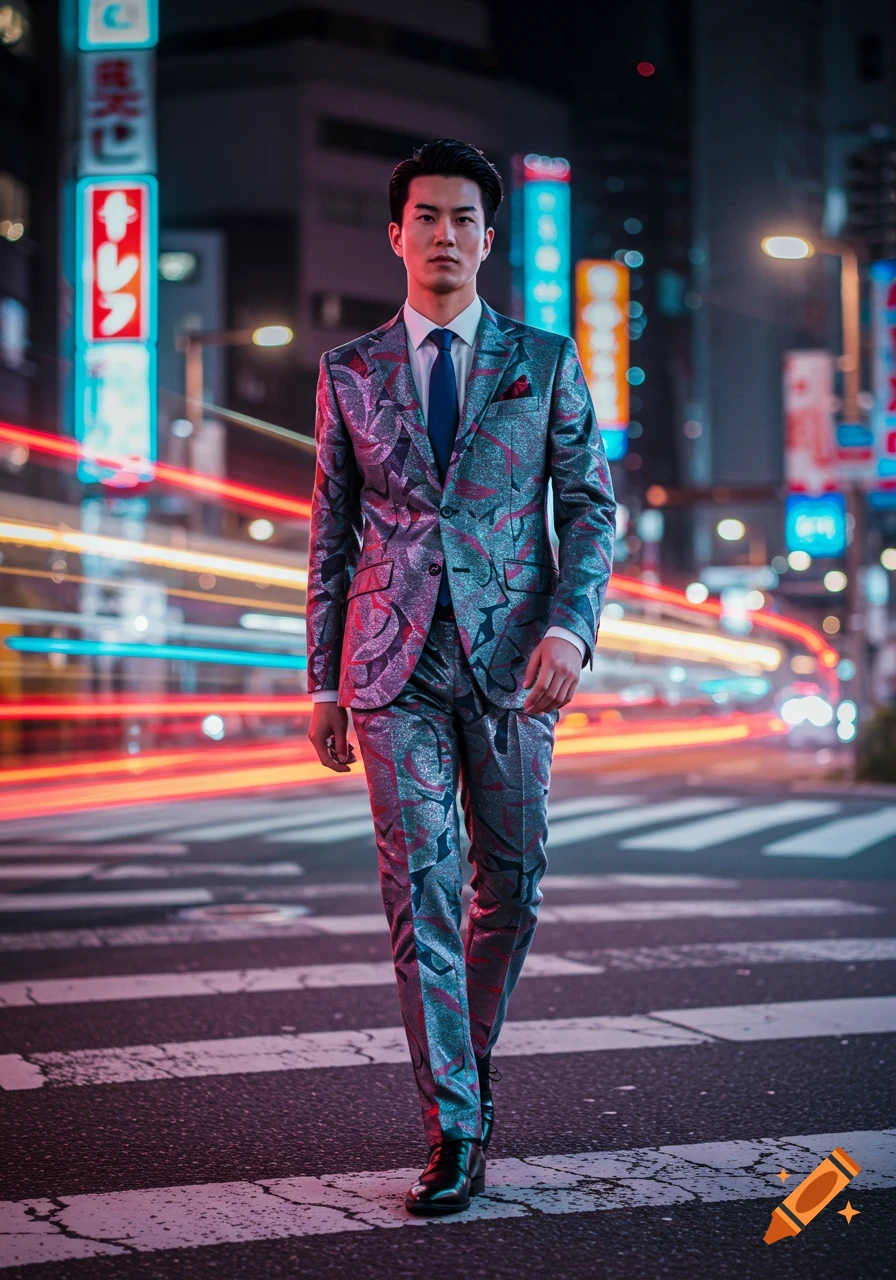 A young man in a shiny, patterned suit walks across a city street at night, with blurred neon signs and light trails in the background.