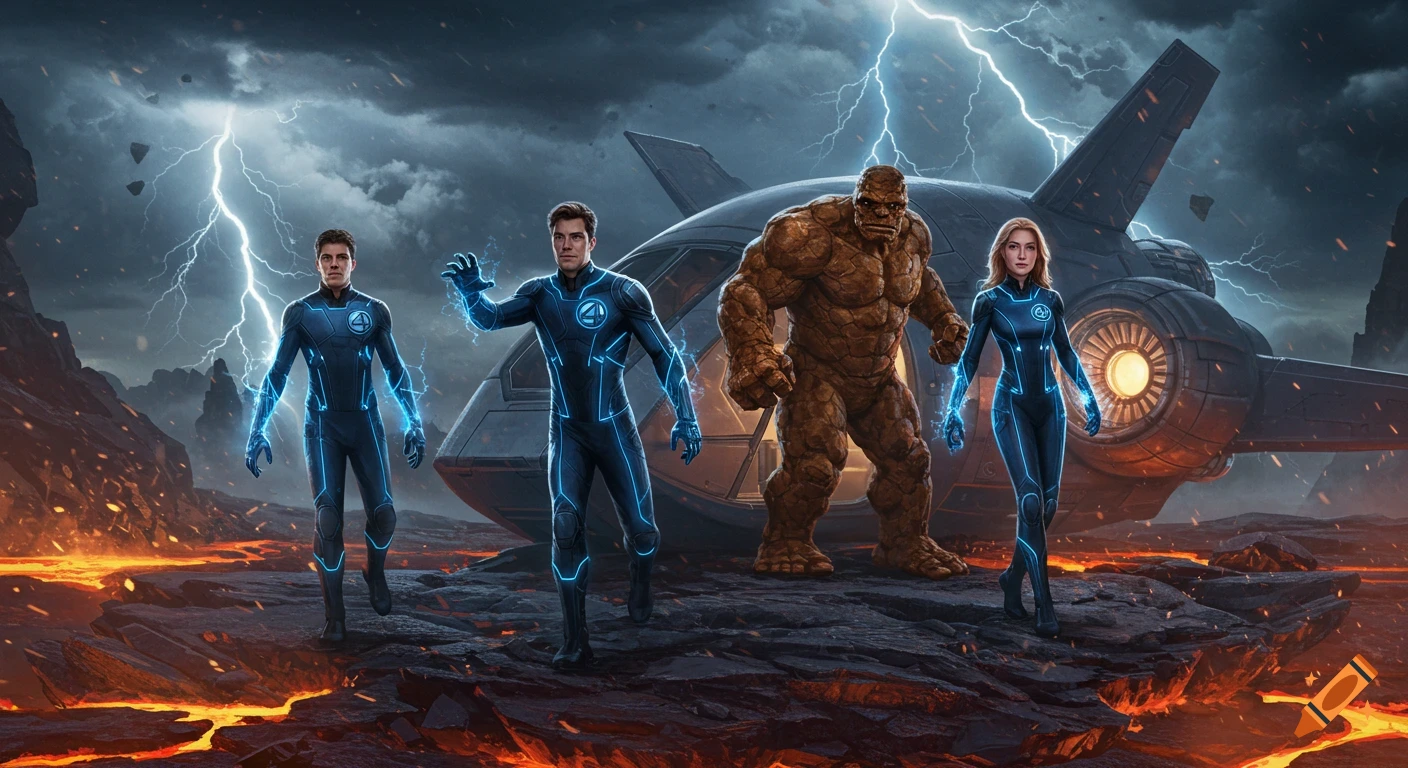 The Fantastic Four superheroes stand on a volcanic landscape under a stormy, lightning-filled sky, with their spaceship behind them.