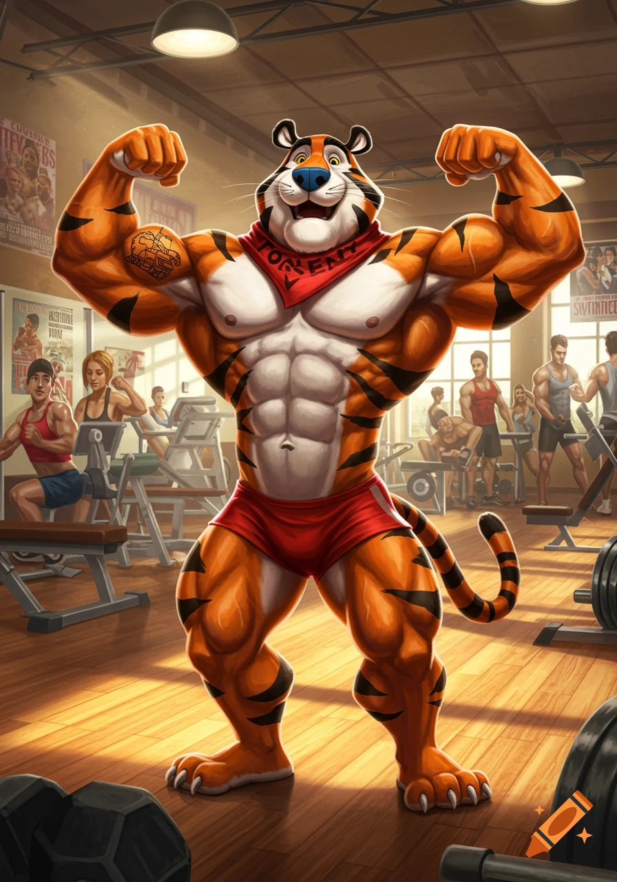Tony the Tiger, a muscular cartoon tiger, flexes his biceps with a tank tattoo in a busy gymnasium.