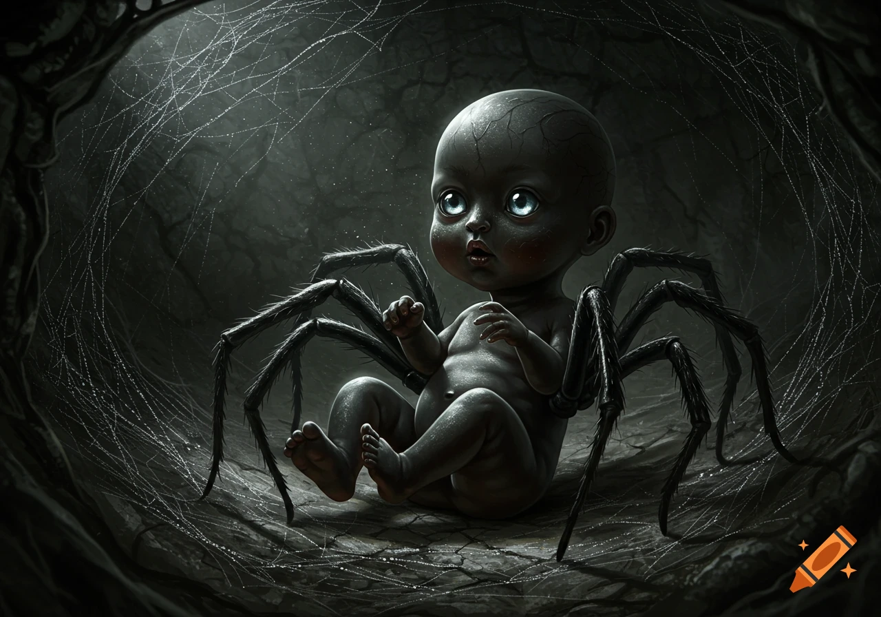 A dark, eerie image of a baby with arachnid legs, sitting in a dark, web-filled cavern. The baby has large, glowing blue eyes and dark, cracked skin.