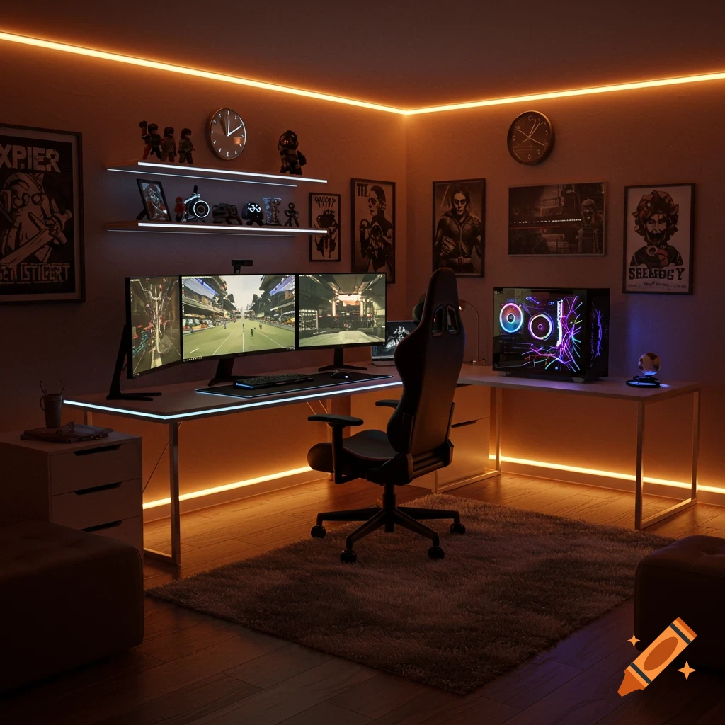 A well-lit gaming room with a multi-monitor setup, gaming PC, chair, and posters, illuminated by orange LED strips.