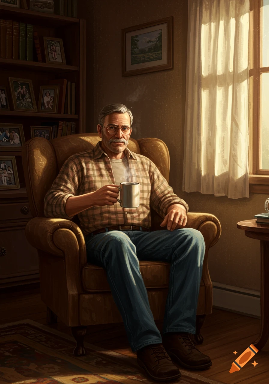 A man with a mustache and glasses sits in an armchair, holding a steaming mug, in a warm, sunlit room.
