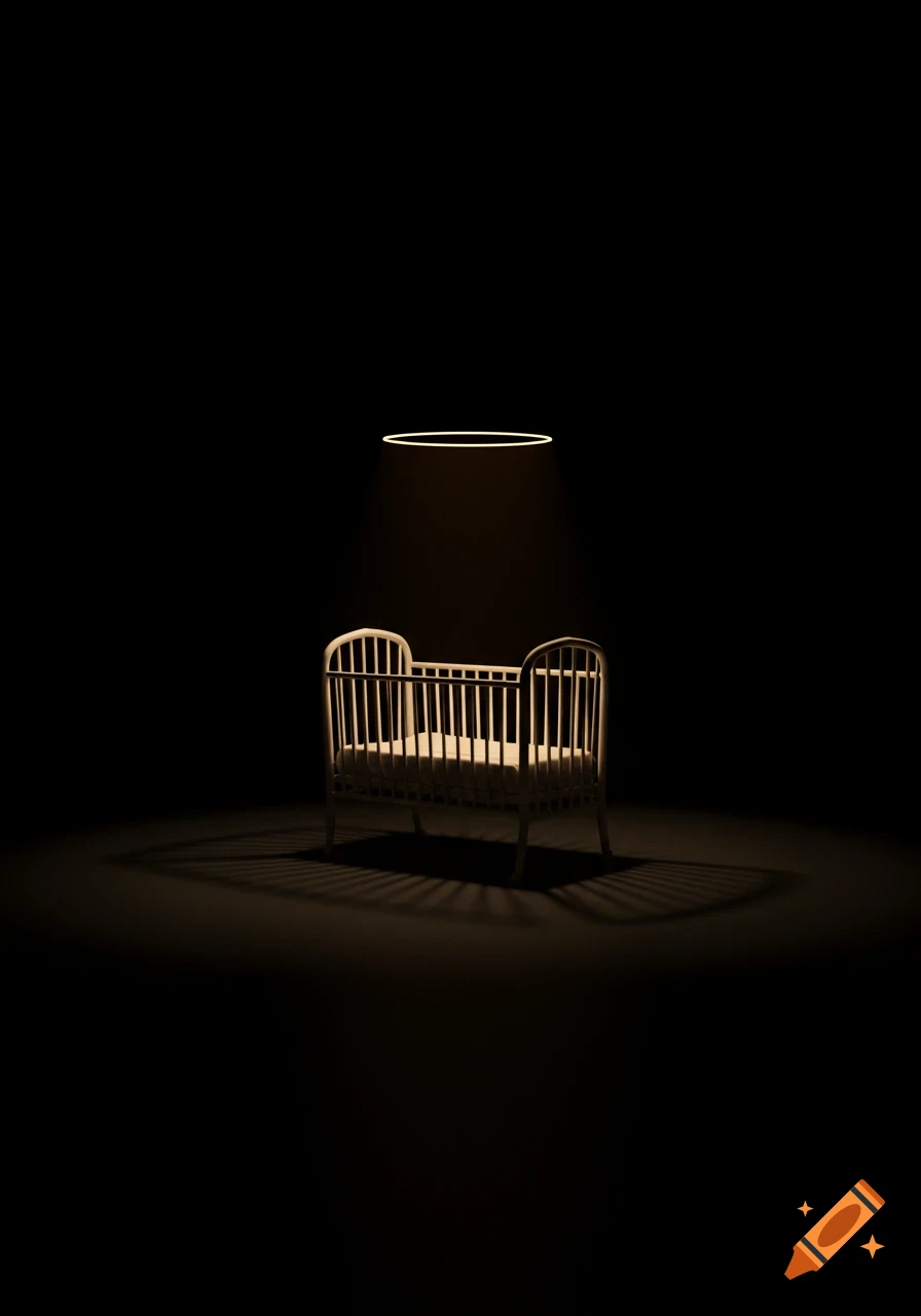 A baby crib stands in an endlessly dark room, illuminated by a glowing ring of light above it, casting long shadows.