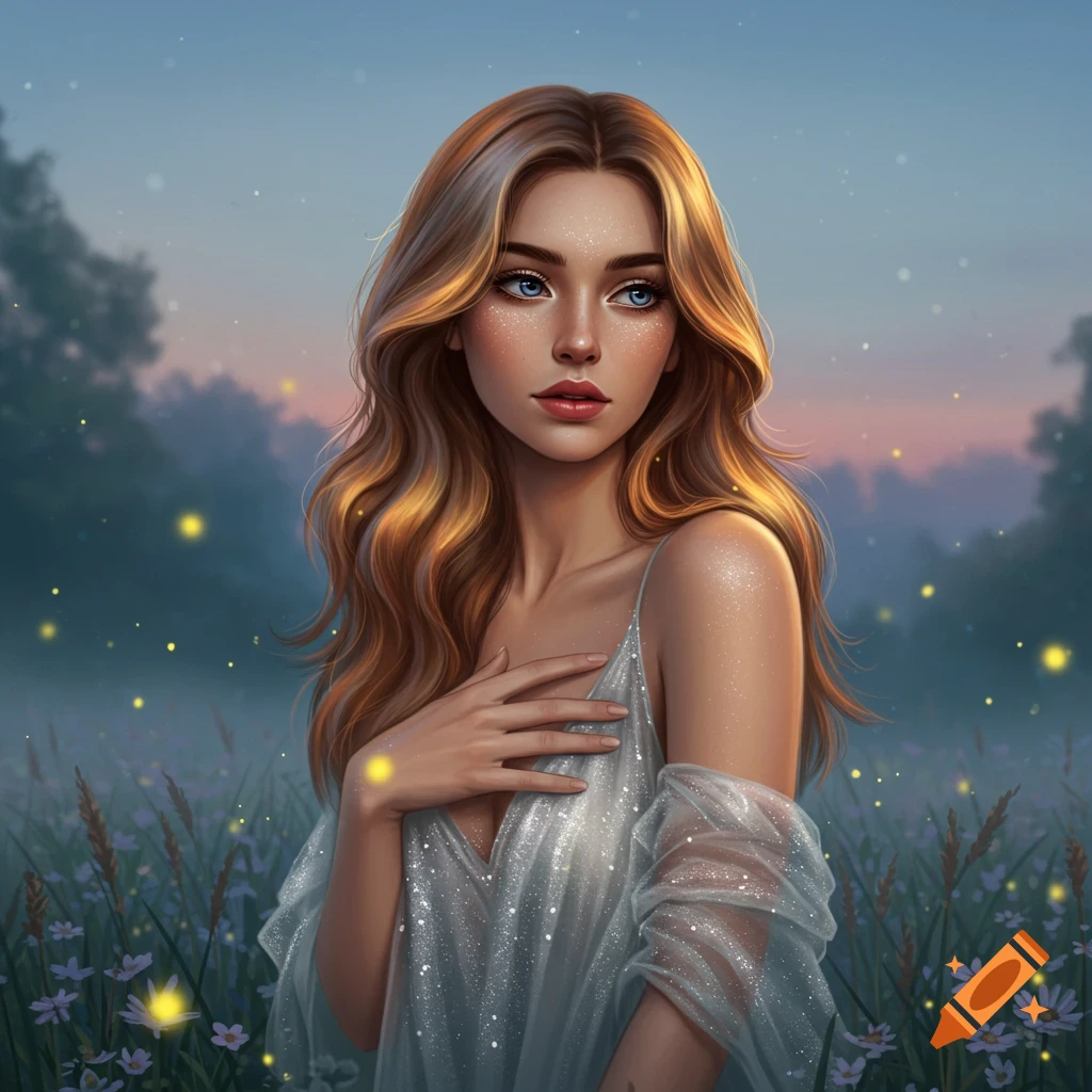 Dreamy portrait of a woman with long blonde hair and blue eyes in a shimmery dress, standing in a field with fireflies at dusk.