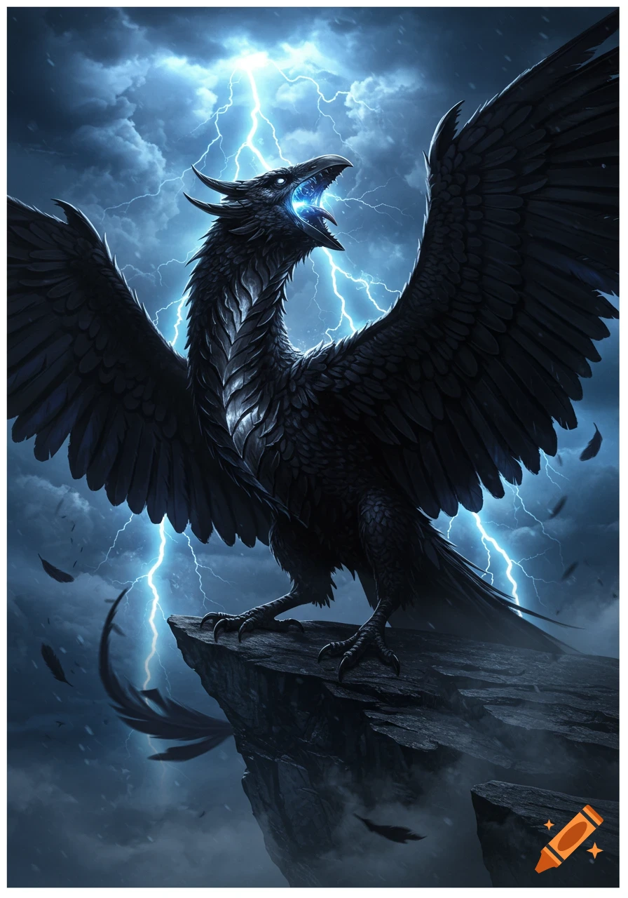 A powerful black feathered dragon-like creature with glowing blue energy in its mouth stands on a rock under a stormy sky with lightning.