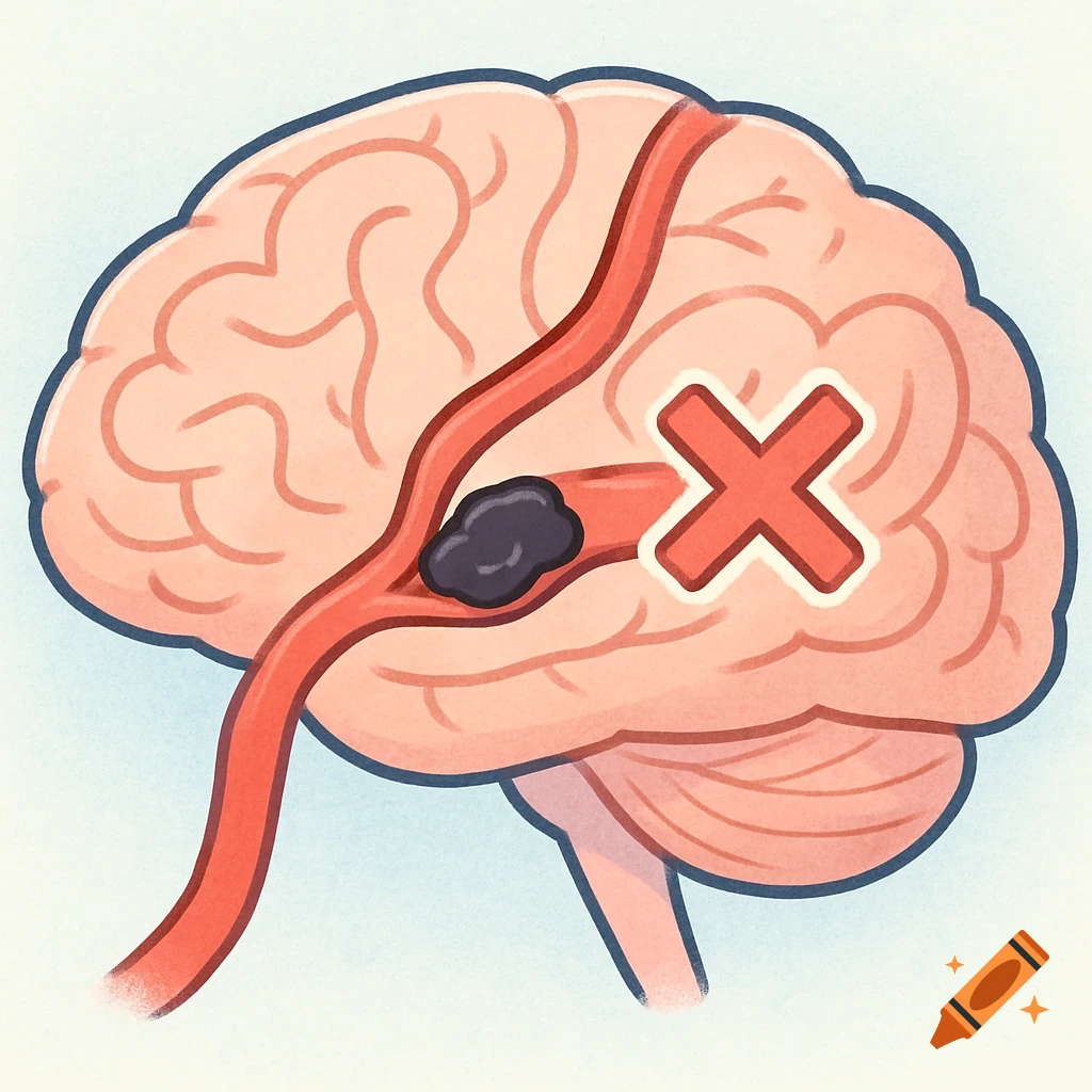 Cartoon illustration of a human brain with a red blood vessel blocked by a dark blood clot, marked with a red X.