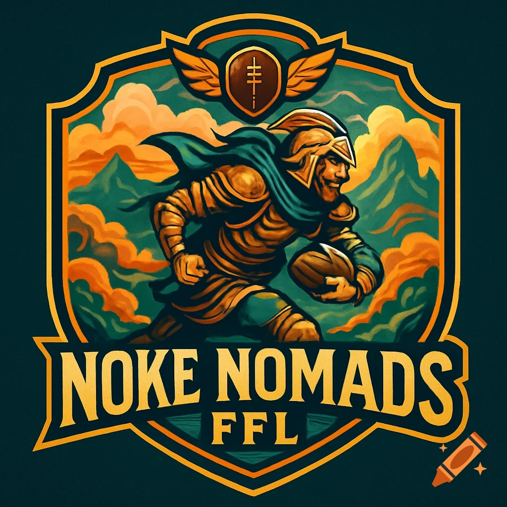 A fantasy football logo featuring a warrior running with a football against a mountain and cloud background. The text 'NOKE NOMADS FFL' is at the bottom.