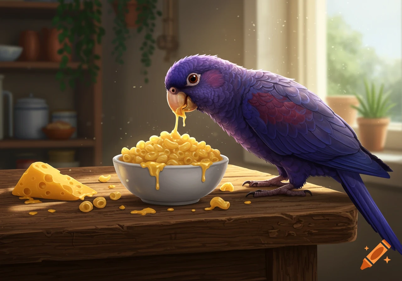 A purple parrot with a bright yellow beak eats mac and cheese from a white bowl on a wooden table, with a wedge of cheese nearby.
