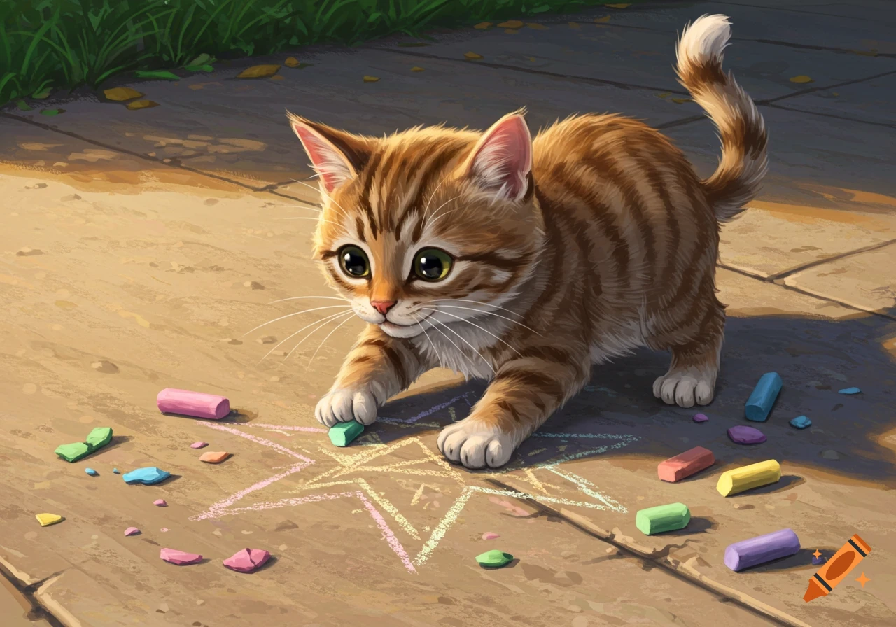 An adorable striped orange kitten draws a colorful star on a sidewalk with chalk.