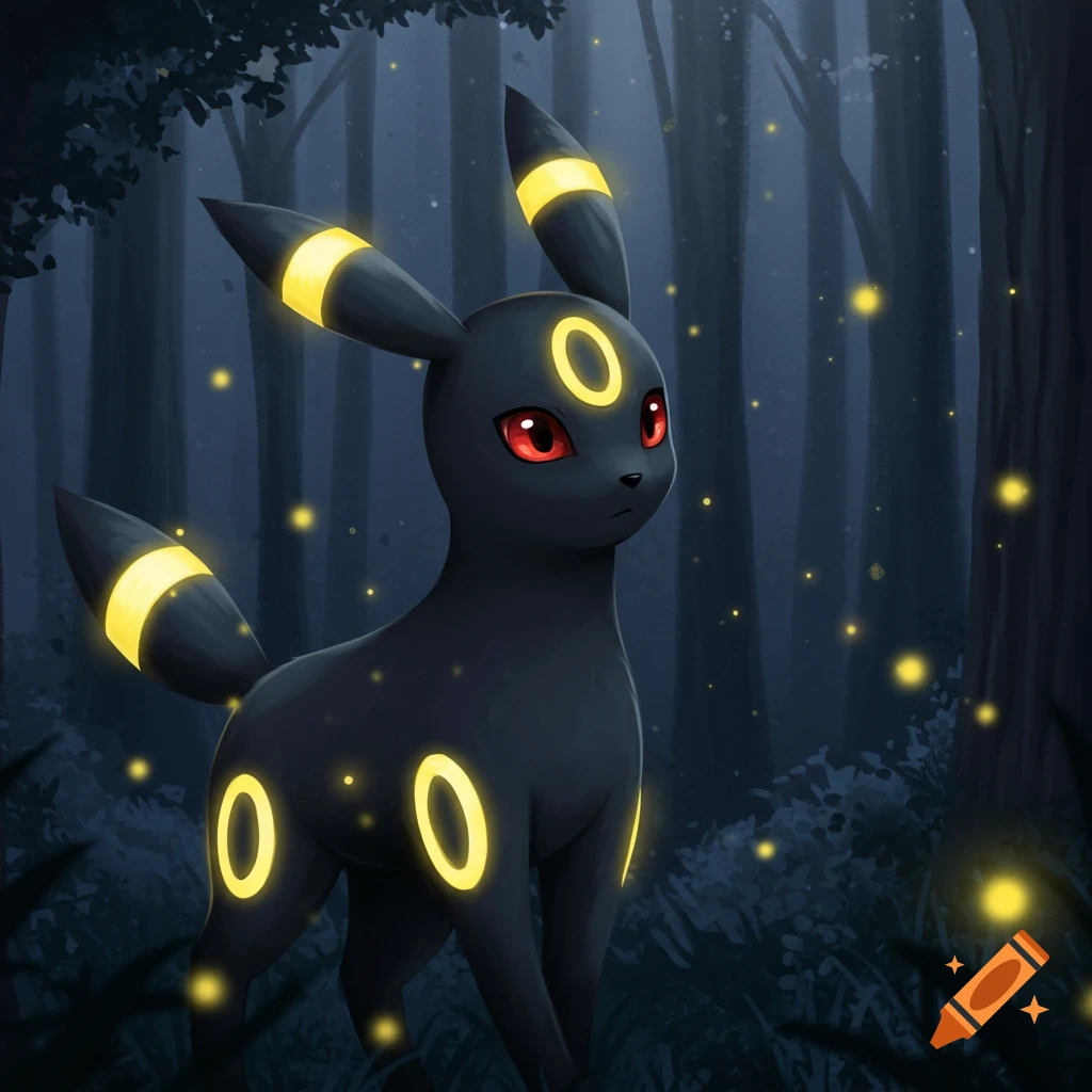 Umbreon, a dark-furred Pokemon with glowing yellow rings, stands in a mystical, dark forest with glowing fireflies.