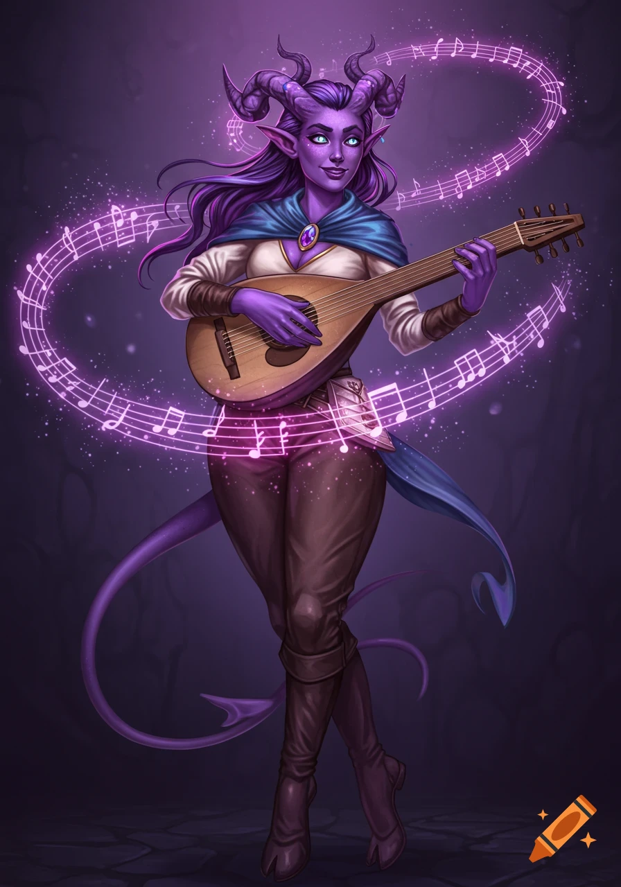 A purple-skinned tiefling woman with horns and a tail plays a lute, surrounded by swirling glowing purple musical notes and sparkles in a fantasy art style.