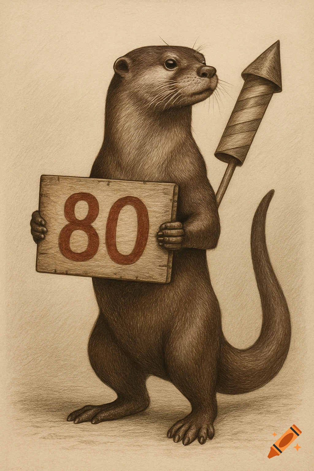 A drawing of an otter standing, holding a '80' sign, with a bottle rocket behind its tail.