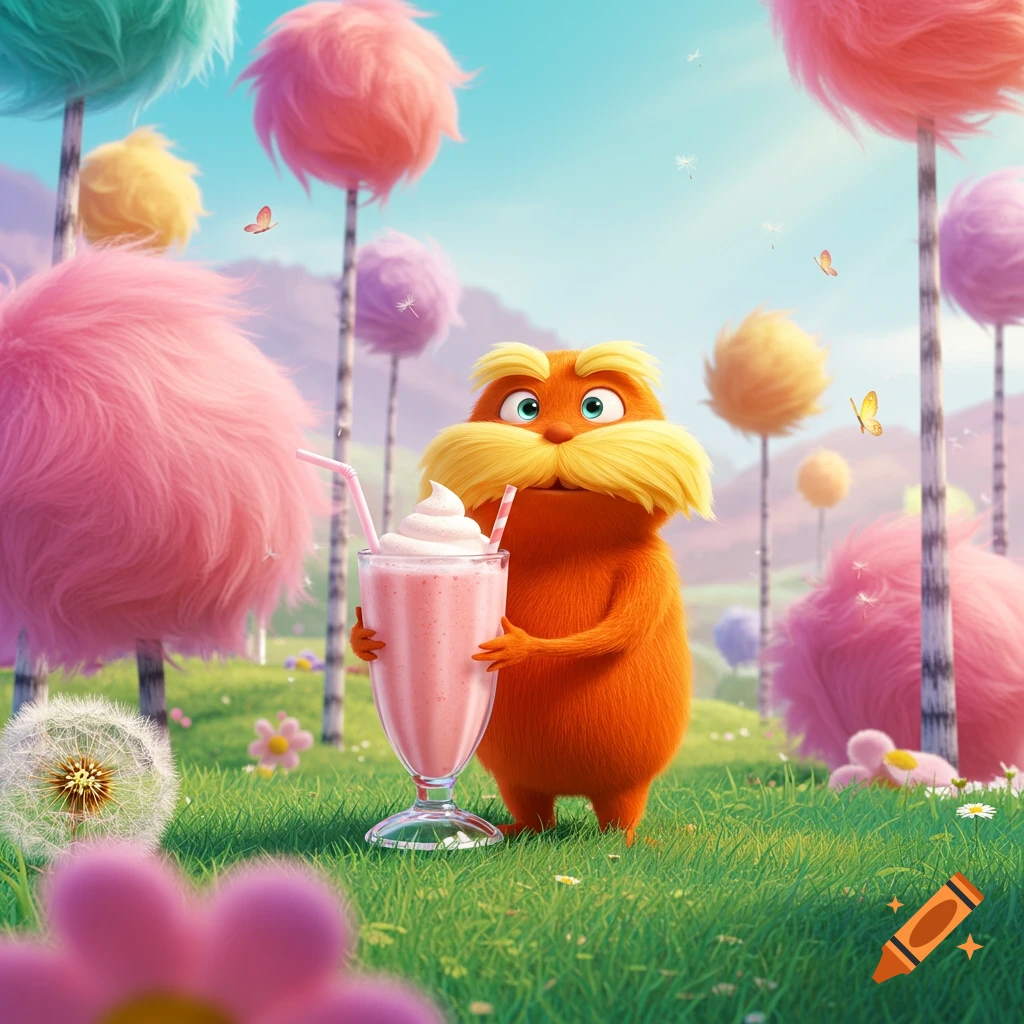 The Lorax stands in a whimsical, colorful landscape with fluffy trees, holding a pink milkshake with whipped cream and a straw.