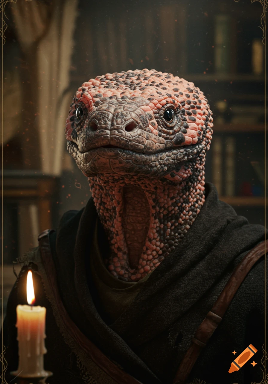 Photorealistic portrait of an old, gila monster-like wizard in a dark, tattered robe, holding a lit candle.