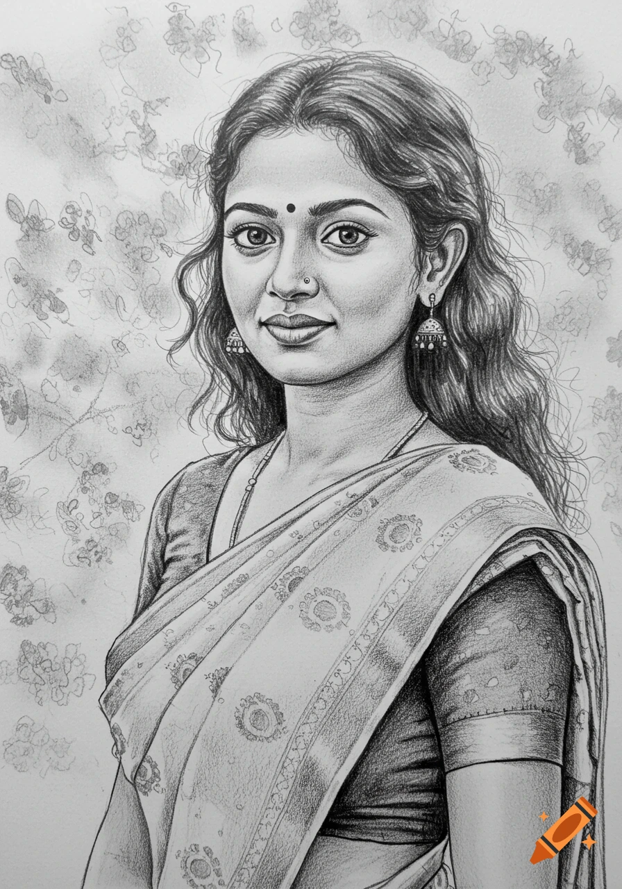 Pencil sketch of a young South Indian woman with long wavy hair, a bindi, nose stud, and jhumka earrings, wearing a saree, smiling slightly.
