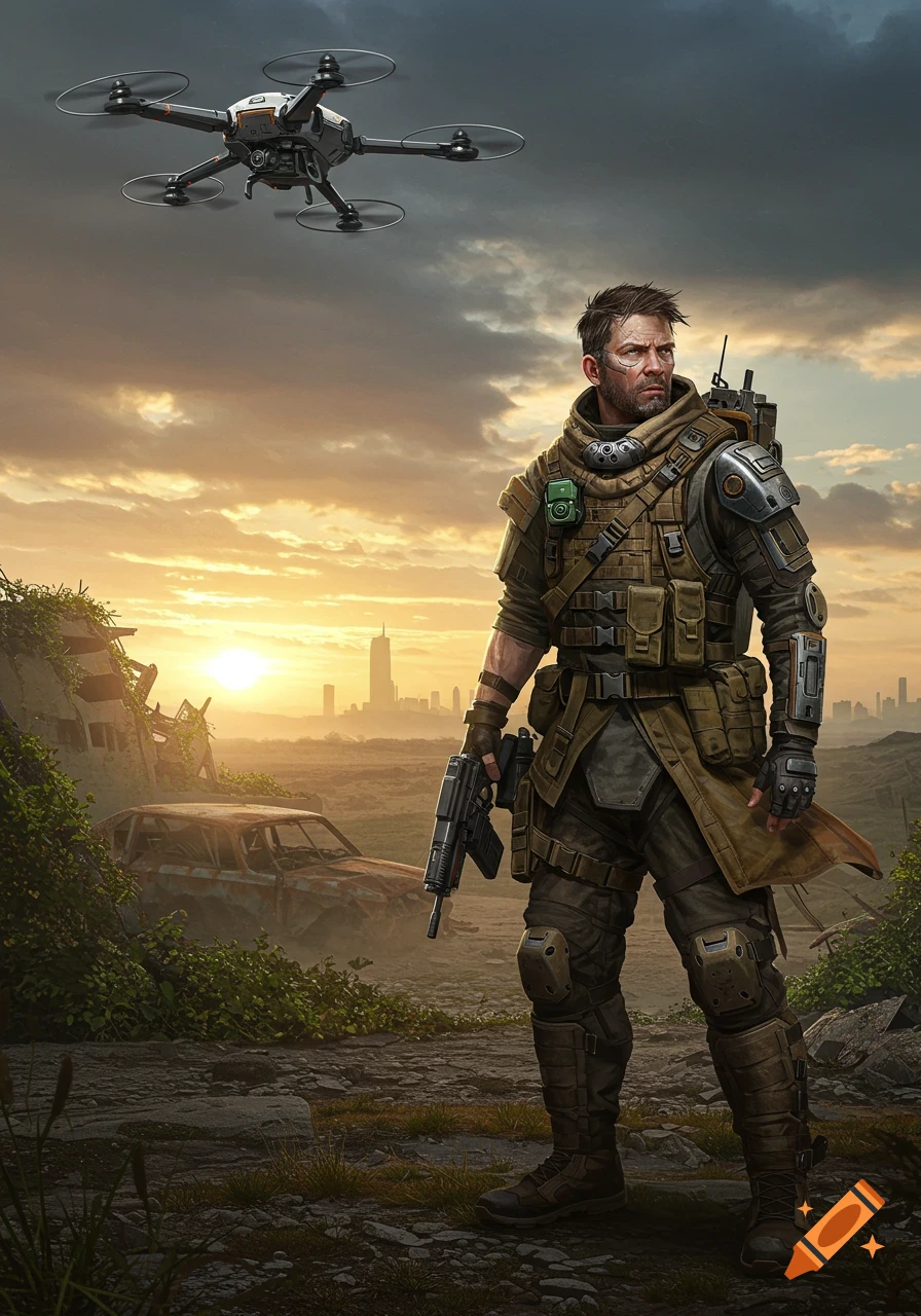 A grizzled survivalist in tactical gear with a rifle stands in a post-apocalyptic wasteland, a drone hovering above, digital art.