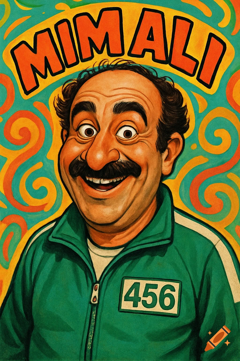 A colorful cartoon portrait of a smiling Iranian man with a mustache, wearing a green Squid Game tracksuit with "456" on the chest, against a vibrant, swirling background with "MIMALI" text at the top.