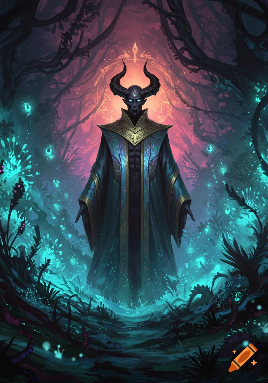 A dark-skinned horned mystical figure in a long, ornate robe stands in a glowing, ethereal forest with teal and pink lights, in a digital art style.