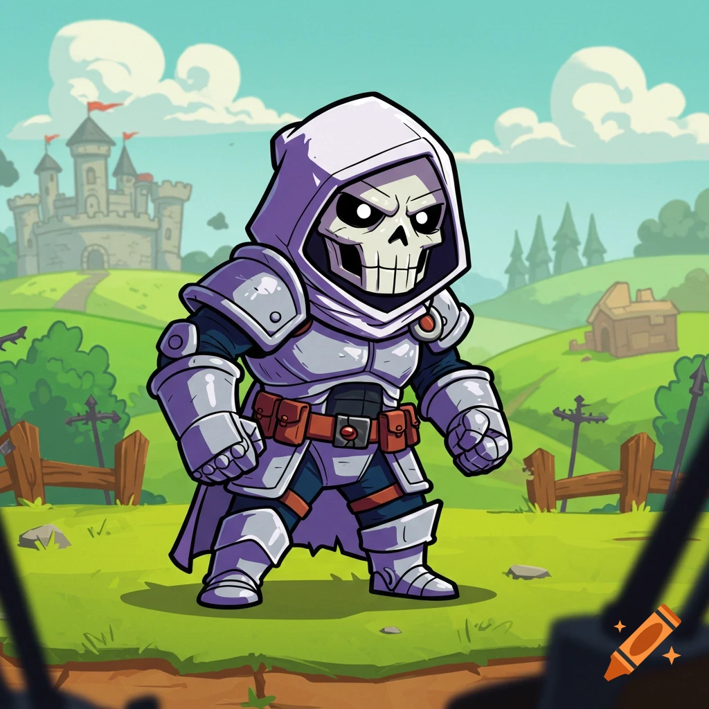 A cartoon skeleton knight in white armor and a hood stands in a green field with a castle in the background, in a video game art style.