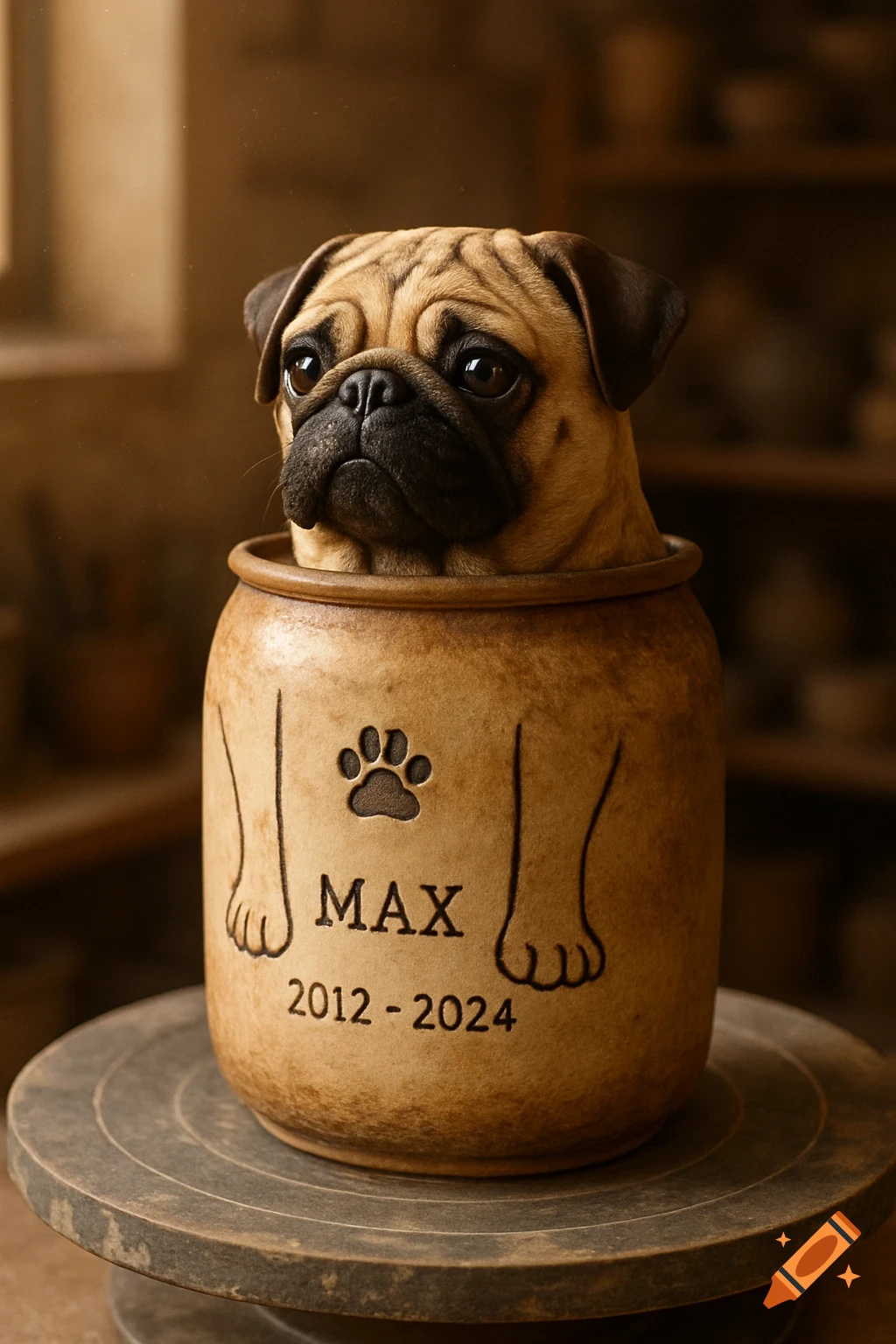 Photorealistic pug's head emerging from a pet urn with a paw print and 'MAX 2012 - 2024' on a pottery wheel.