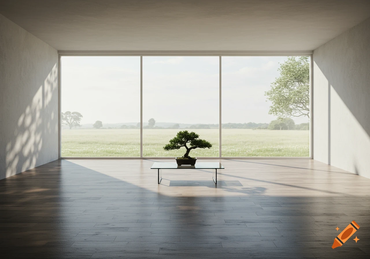 A minimalist room with a large window overlooking a grassy field, featuring a bonsai tree on a glass table.