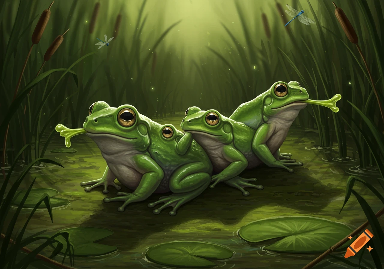 Three bright green frogs with large eyes sit in a line in murky water with lily pads and cattails, each with a bone-shaped green object protruding from their mouths. Dragonflies hover above in a hazy, light-filled swamp.
