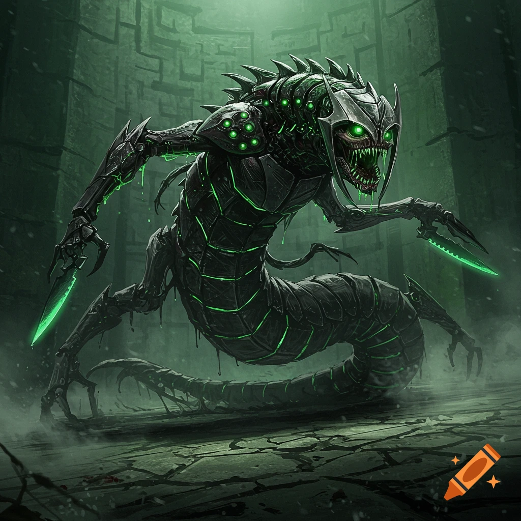 A menacing, dark biomechanical monster with glowing green eyes and claws, resembling a snake-like creature, stands in a dark, grimy, labyrinthine environment.