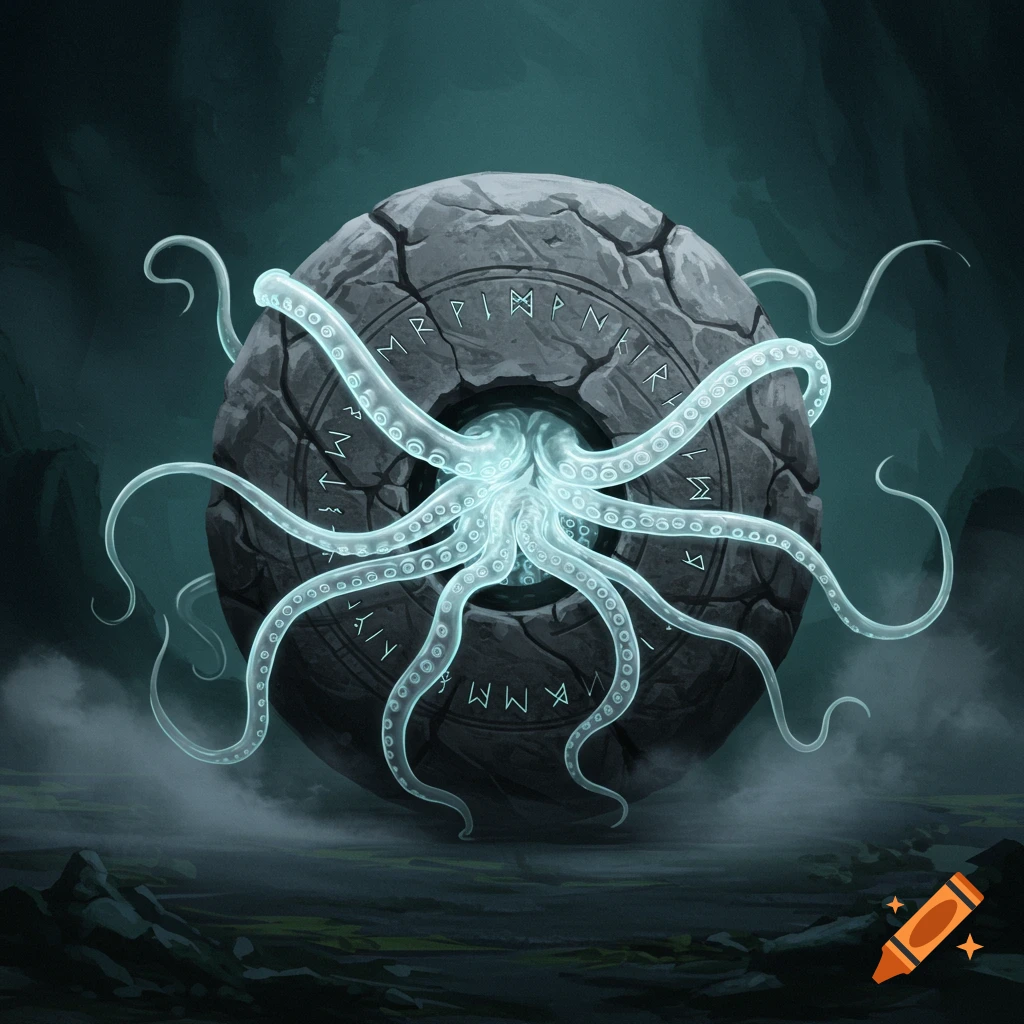 A large, runic stone orb in a dark, misty environment, with glowing blue tentacles writhing from its center.
