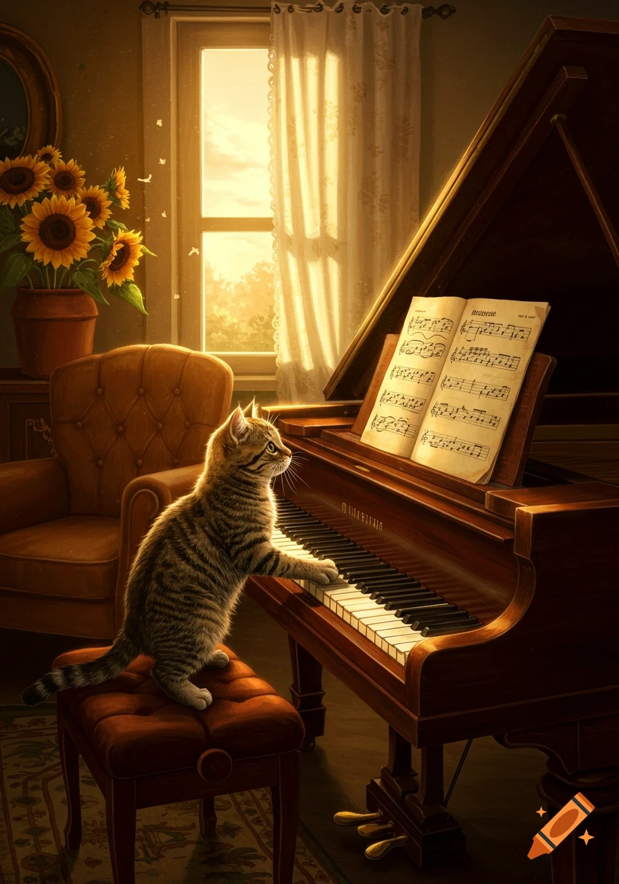 A tabby cat stands on a piano bench, pawing at the keys of a grand piano in a sunlit room with sunflowers. Photorealistic.