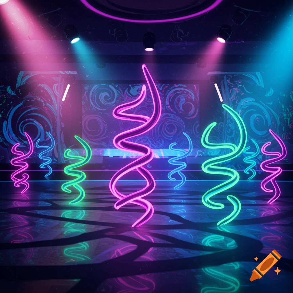 Bright neon squiggles in pink, green, and blue glow and reflect on a dark, polished floor in a spotlight-lit club setting.