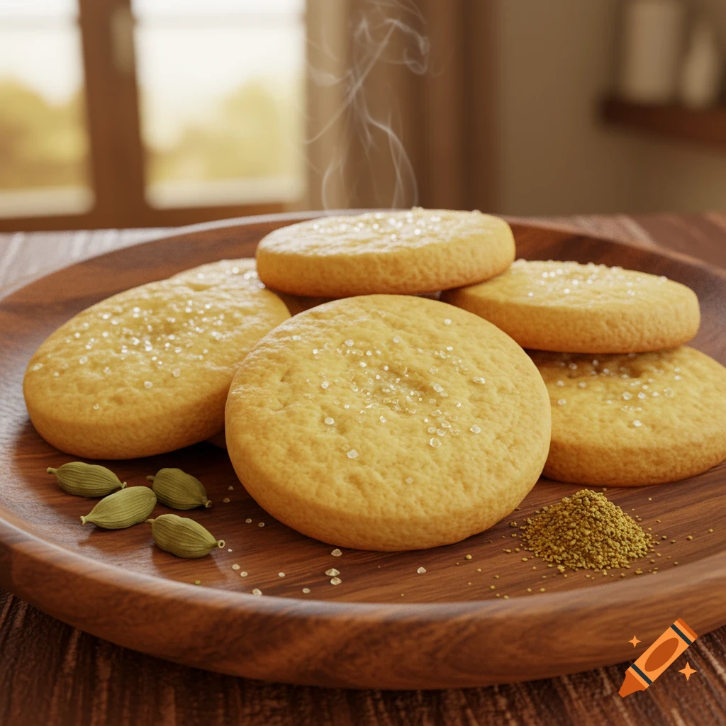 Photorealistic close-up of cardamom shortbread cookies with sugar on a wooden plate, with whole and ground cardamom.