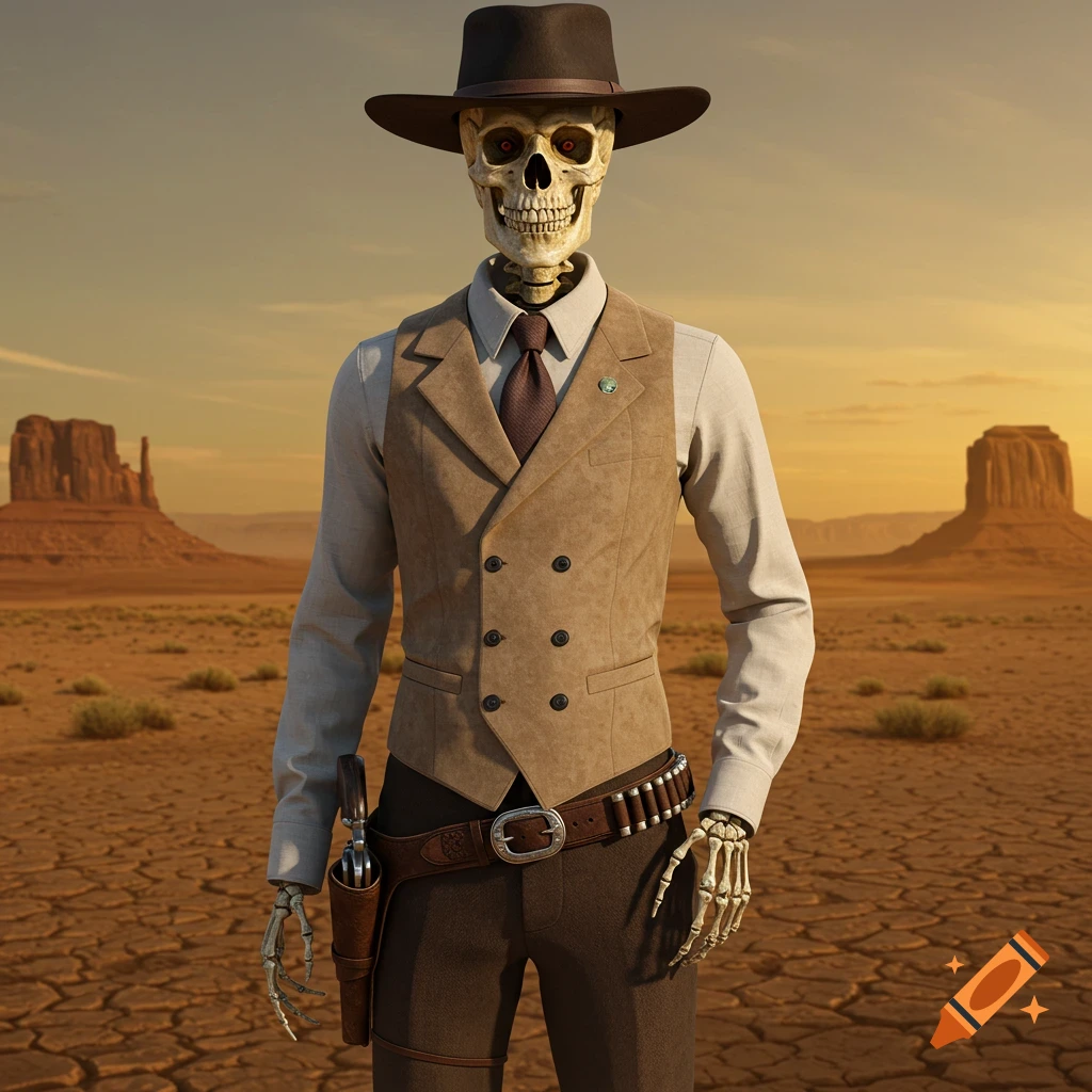 Photorealistic skeleton cowboy wearing a hat, vest, and holster, standing in a vast desert landscape with mesas.