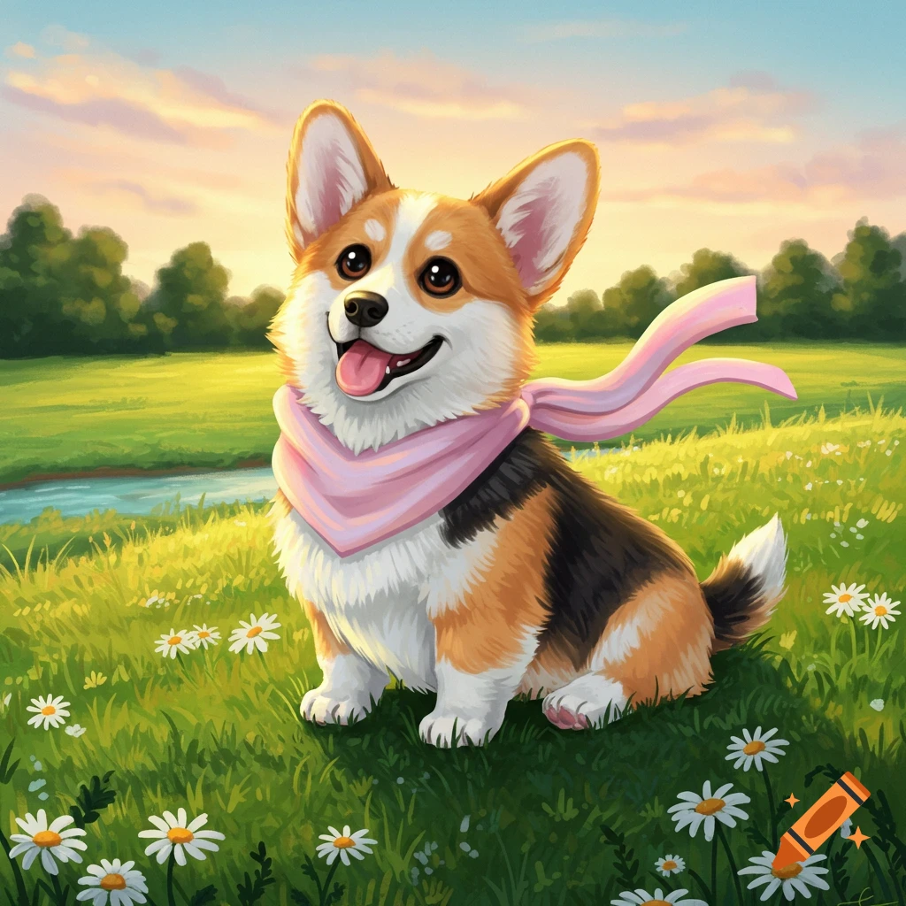 A cute corgi dog wearing a pink scarf sits in a field of green grass and white daisies at sunset in an illustration.