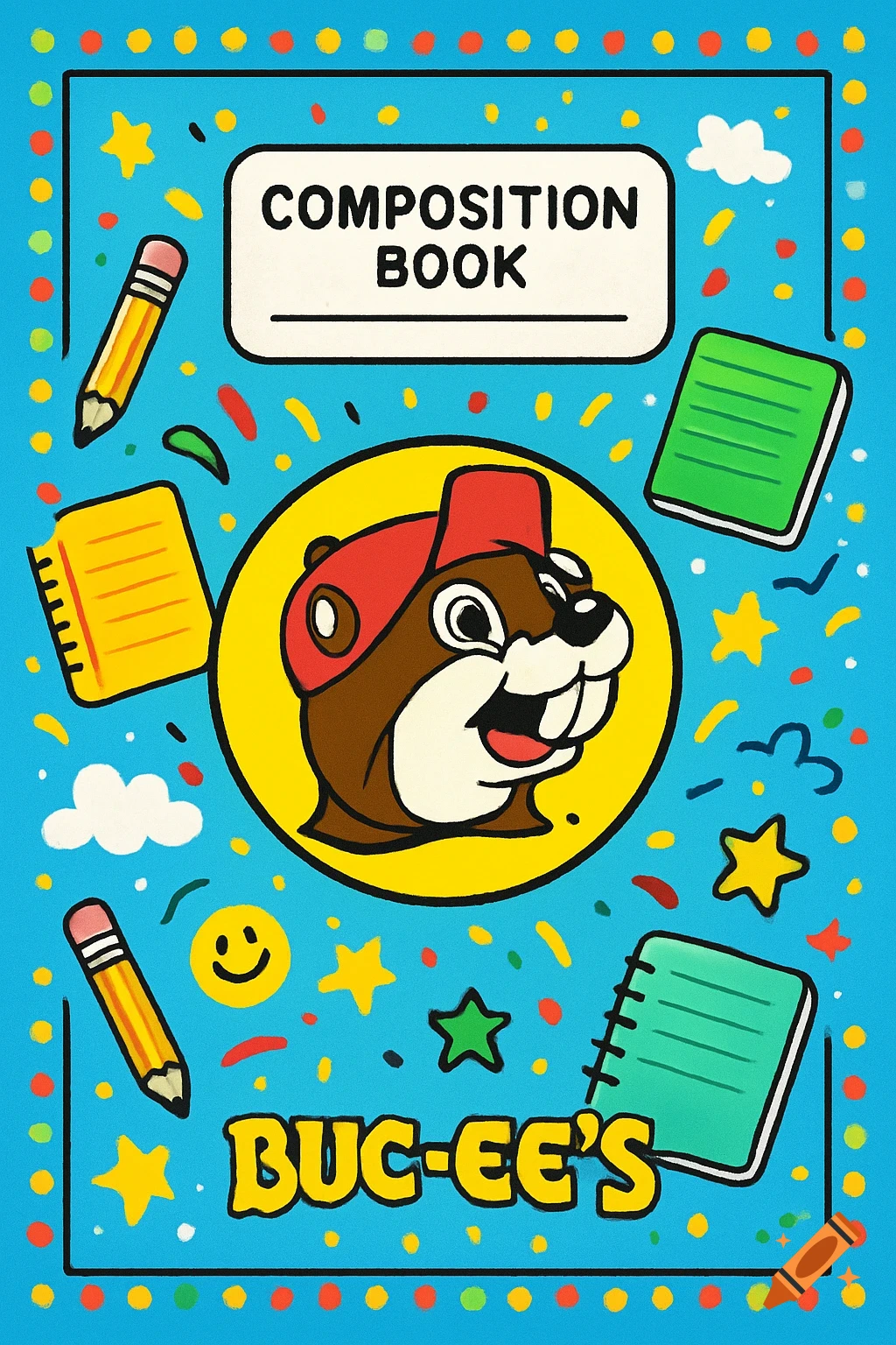 Cartoon style cover for a Buc-ee's composition book featuring Buc-ee the beaver, pencils, and notebooks on a blue background.