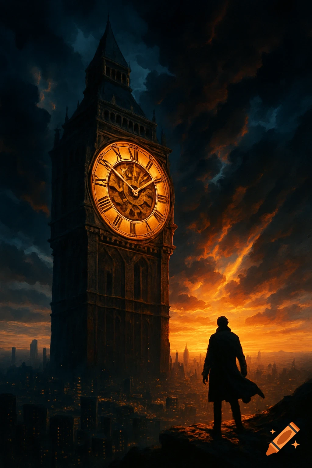 A man in a long coat stands on a cliff overlooking a dark city with a colossal, glowing clock tower under an ominous, fiery orange and dark blue sky.
