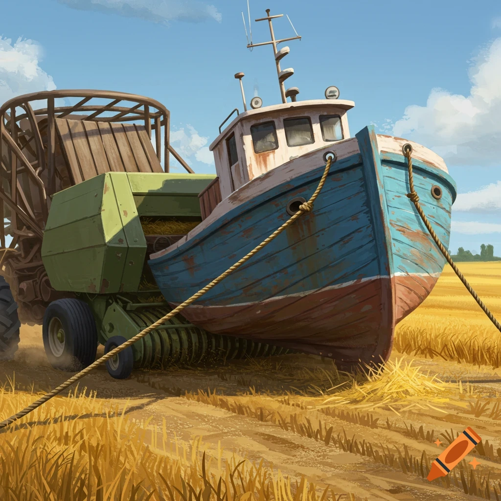 A blue and red boat is towed through a golden field by a large green farming vehicle under a blue sky.