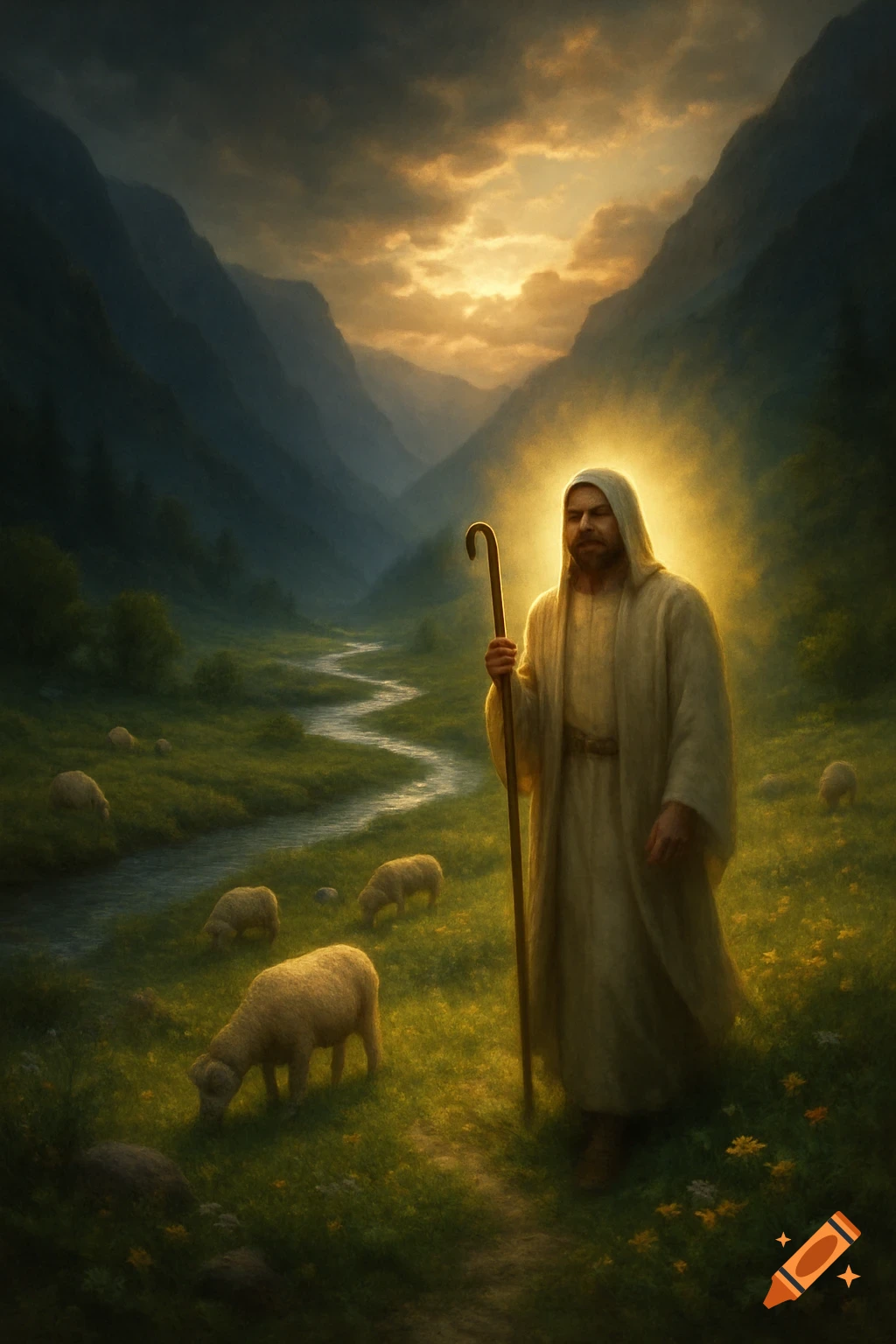 A glowing, robed man with a staff stands among sheep in a lush valley with a winding stream and mountains under a golden sky.