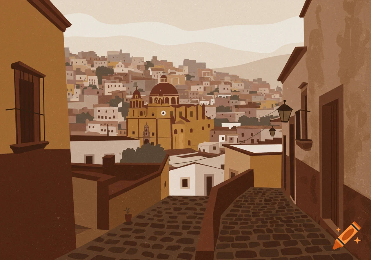 A minimalist modern painting of Guanajuato city, featuring a central domed building and surrounding hillside houses in brown and beige tones.