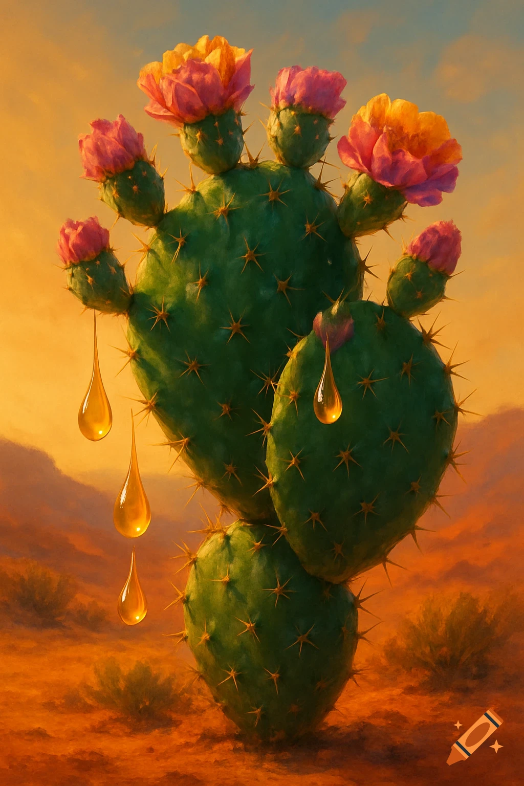 Painterly prickly pear cactus with pink and yellow flowers dripping golden liquid in a warm desert landscape.